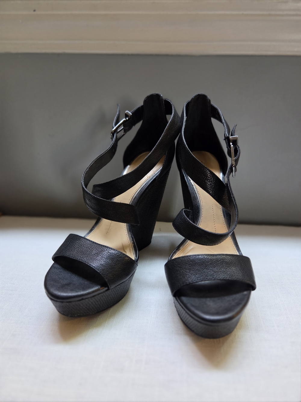 Gianni Bini Black Leather Crisscross Wedge Sandals
